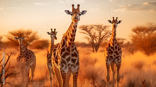Panoramic landscape with a group of giraffes in Kalahari Desert  Namibia. Herd of giraffe pastured in savanna  wild African animals in natural habitat  safari and wilderness of the South of Africa