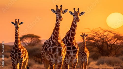 Panoramic landscape with a group of giraffes in Kalahari Desert, Namibia. Herd of giraffe pastured in savanna, wild African animals in natural habitat, safari and wilderness of the South of Africa photo
