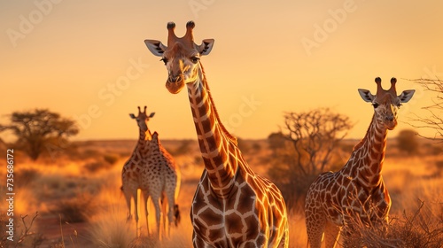 Panoramic landscape with a group of giraffes in Kalahari Desert, Namibia. Herd of giraffe pastured in savanna, wild African animals in natural habitat, safari and wilderness of the South of Africa