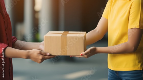 Parcel delivery man of a package through a service. and close up hand customer female accepting a delivery of boxes from delivery man postal send direct to home