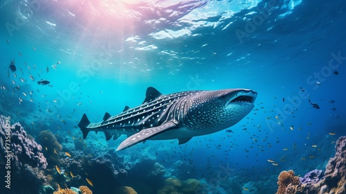 Panorama background of beautiful coral reef with marine tropical fish in central pacific that Whale shark visited
