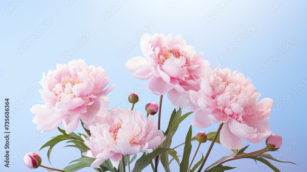 Pink peony flowers flying to beautiful bouquet on light blue background Pink peony flowers flying to beautiful bouquet on light blue background