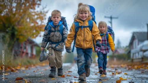 kids going to school  winter time  jackets  cold  happy  joy