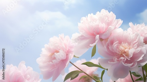 Pink peony flowers flying to beautiful bouquet on light blue background