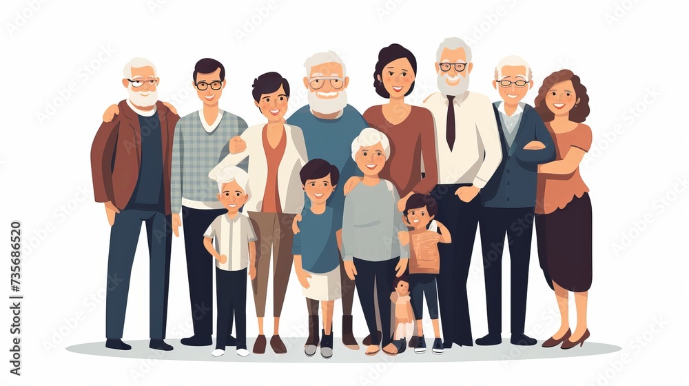 Obraz premium Portrait of big happy family with children, mother, father, grandfather and grandmother isolated on white background. Parents, grandparents and grandchildren. Colored flat vector illustration