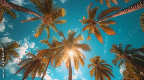 palm trees against the sky  from bellow  sunshine  tall