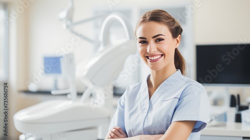 Professional young dentist posing beside modern equipment in a dental clinic