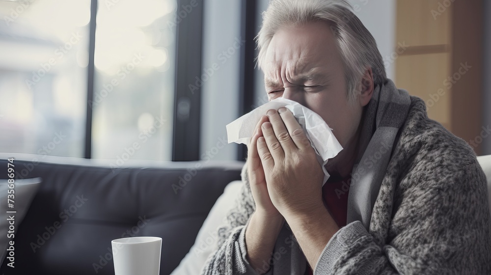 Senior man suffering from flu while sitting wrapped in a blanket on the sofa at home. Elderly Man blowing his nose while lying sick in bed at home. Man with a cold lying in sofa holding tissues Senior man suffering from flu while sitting wrapped in a blanket on the sofa at home. Elderly Man blowing his nose while lying sick in bed at home. Man with a cold lying in sofa holding tissues