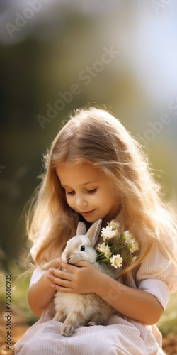 A little girl holding a cute bunny and flowers, Fictional Character Created By Generated AI.