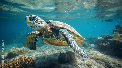 Selective image of two sea turtle diving in underwater