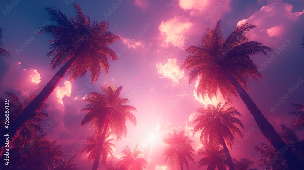 palm trees from bellow at surreal magenta, purple sunset, look to the sky