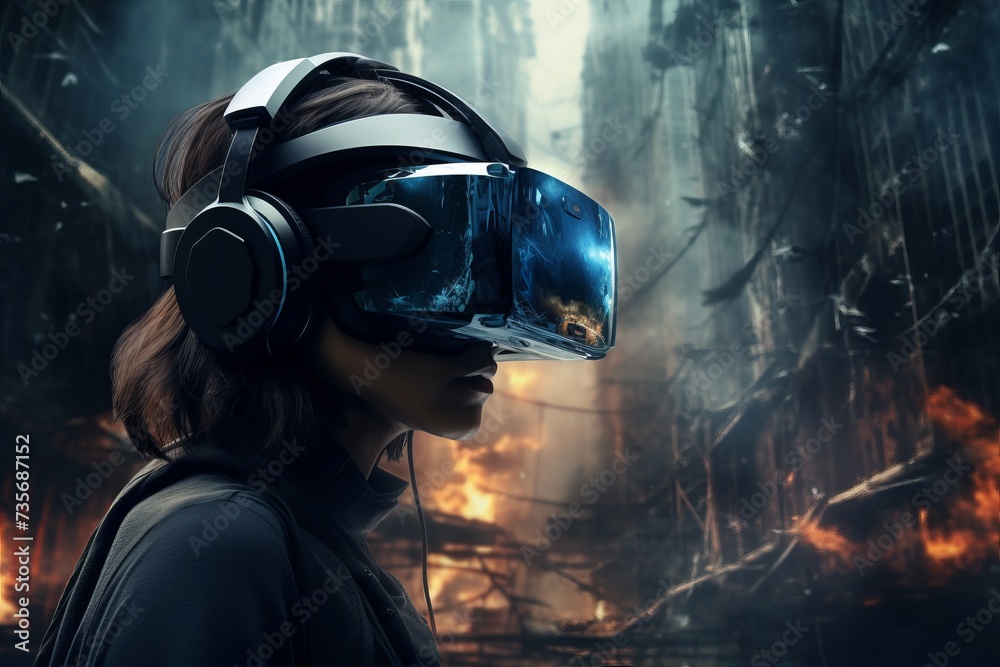 vr headset, double exposure, metaverse, futuristic virtual world, state of consciousness, technology 