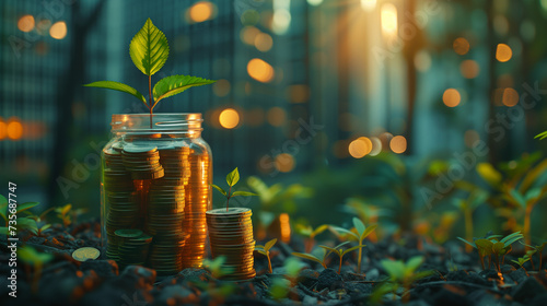 Pièces de monnaie et plante qui grandit dans la terre : concept de finance verte pour entreprises, rapport ESG, investissement durable dans des projets à impacts sociaux, sociétaux et environnementaux photo