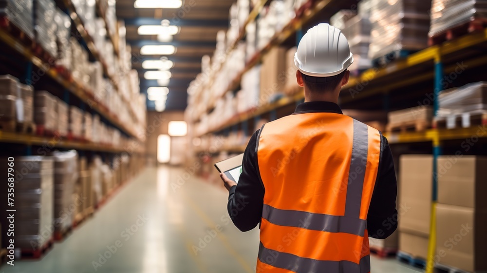 Warehouse asian worker working in warehouse stock checking inventory production stock control , Warehouse control and management business factory industry logistics warehouse people, .Asia