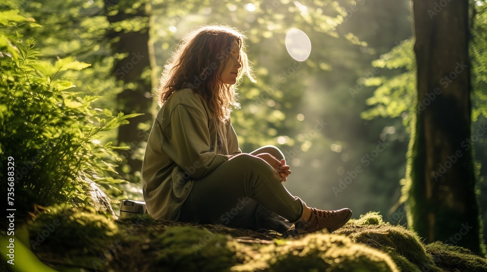 Woman sitting in green forest enjoys the silence and beauty of nature - obrazy, fototapety, plakaty 
