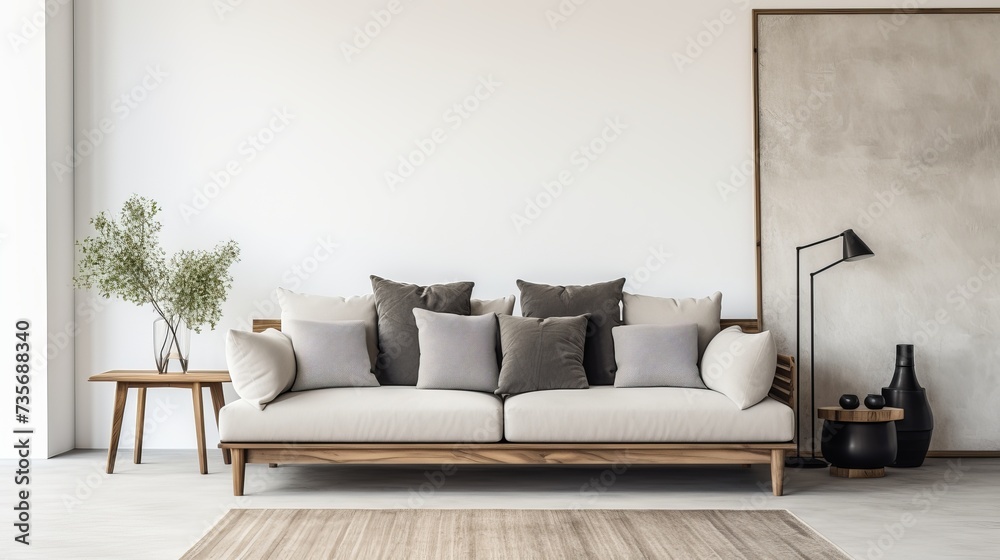 Wooden sofa with dark pillows in scandi style living room Wooden sofa with dark pillows in scandi style living room