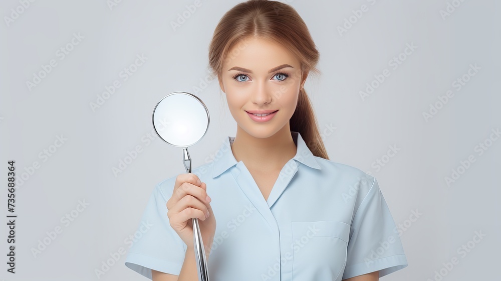 Young female dentist wearing in uniform with tweezers and mirror isolated on white Young female dentist wearing in uniform with tweezers and mirror isolated on white
