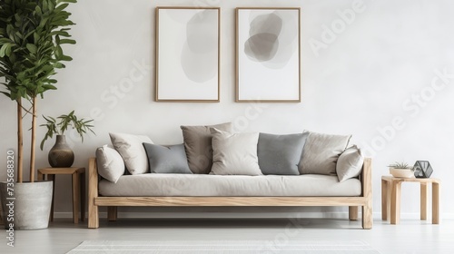Wooden sofa with dark pillows in scandi style living room