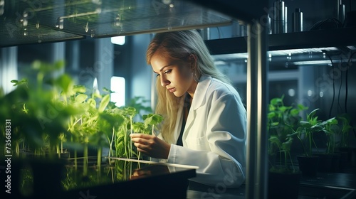 Woman, thinking or tablet in biology laboratory in plant science, medical research or food engineering. Mature scientist, worker or technology for green sustainability, growth innovation or ideas © Elchin Abilov