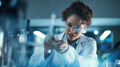 Young african american woman scientist holding pills at laboratory photo