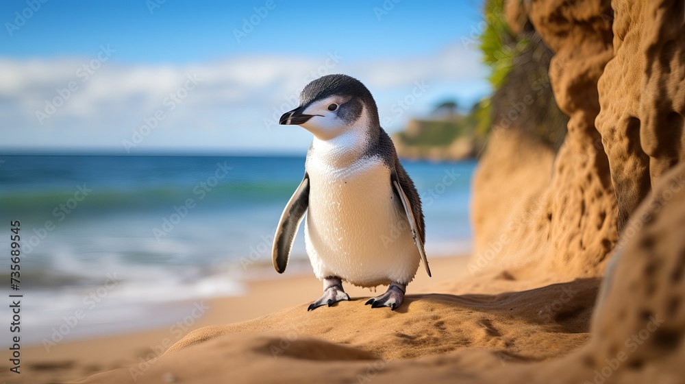 Naklejka premium Adorable Little Penguin (Eudyptula minor) enjoying the coastal charm of Australia. A delightful encounter with these charismatic seabirds in their natural habitat