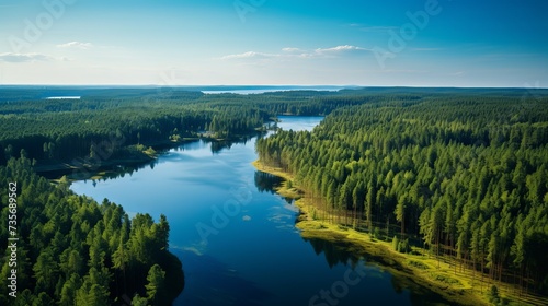 Aerial view of road with green woods by blue lakes water in summer Finland