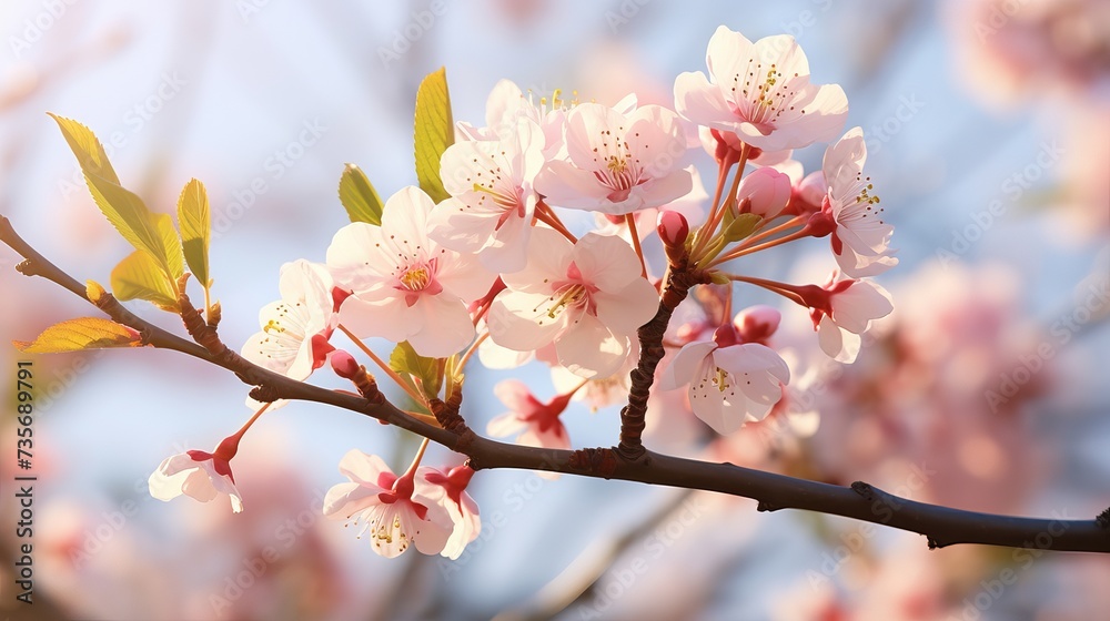 Almond tree bloom, orchard tree flower. sunny spring day blue sky background, close up view. Springtime season blossom