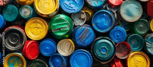 A colorful pile of plastic bottles for recycling and environment conservation concept photo