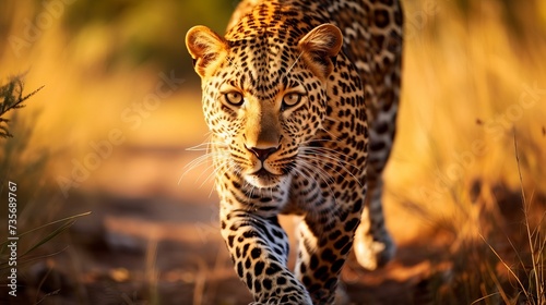 Africa wildlife. Leopard, Panthera pardus shortidgei, nature habitat, big wild cat in the nature habitat, sunny day on the savannah, Okavango delta Botswana. Wildlife nature