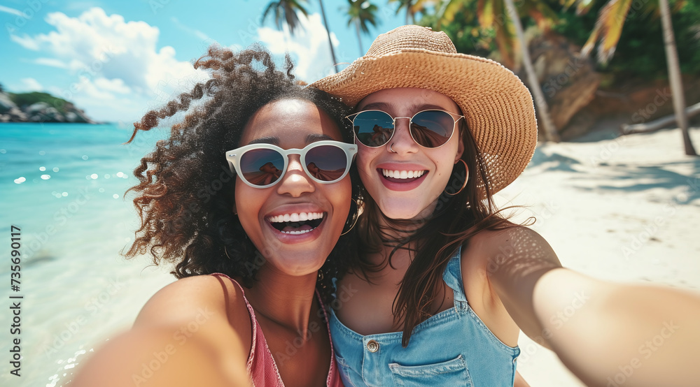 Multiracial Friends Taking Selfie on Tropical Beach