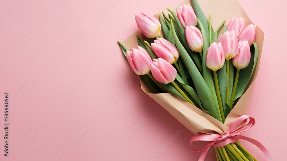 Bouquet of pink tulips wrappen in pink paper