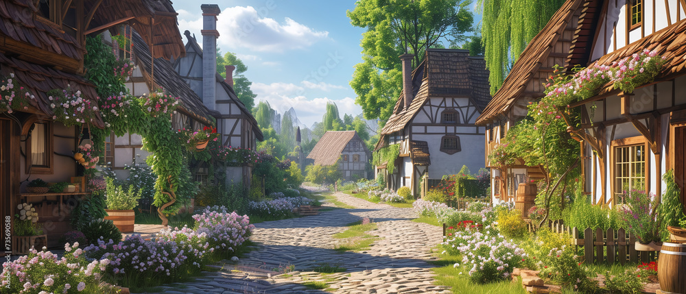 Idyllic Medieval Village Street with Blossoming Flowers