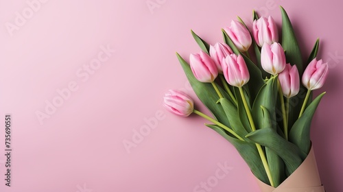 Bouquet of pink tulips wrappen in pink paper © Tahir