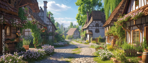 Idyllic Medieval Village Street with Blossoming Flowers