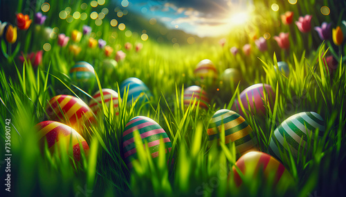 a Beautiful Colorful Easter Eggs Springtime Grass Holiday Flowers Spring Backyard bunnies painted basket lawn flowers decorated bunny religion vibrant event tradition grass decoration April egg hunt © DrewTraveler
