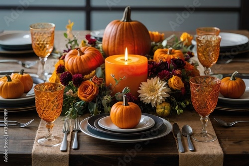 Festive Thanksgiving Table Candles, Glasses, Lights, Flowers, and Pumpkins