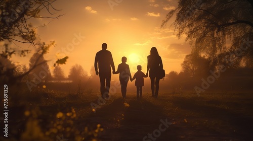 Community large family in the park. a large group of people holding hands walking silhouette on nature sunset in the park. big family kid dream concept. people in the park. large sunlight family