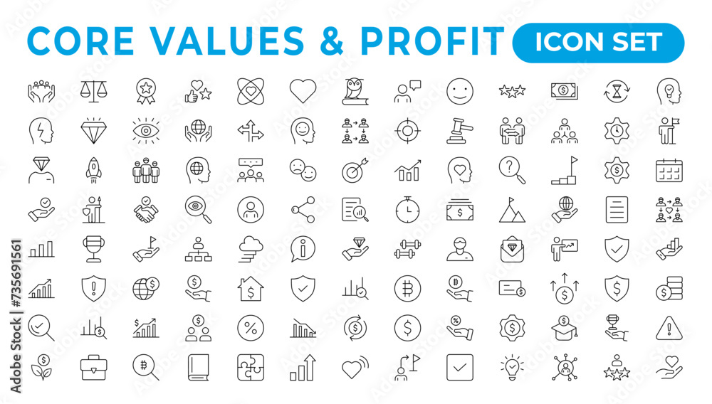 Value and Profit icons set. Outline illustration of icons. .Core values line icons. Integrity. Vision, Social Responsibility, .Commitment, Personal Growth, vector line iconset. Value and Profit icons set. Outline illustration of icons. .Core values line icons. Integrity. Vision, Social Responsibility, .Commitment, Personal Growth, vector line iconset.
