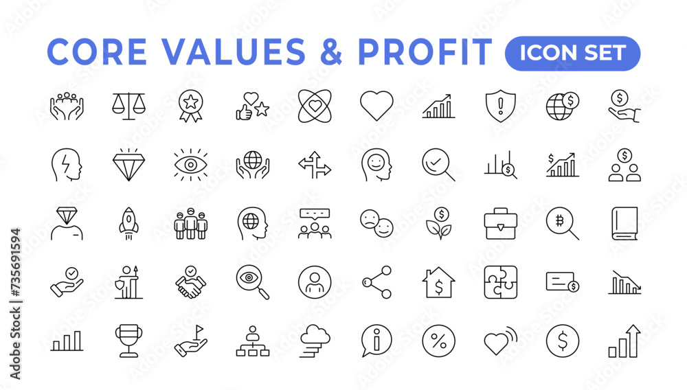 Value and Profit icons set. Outline illustration of icons. .Core values line icons. Integrity. Vision, Social Responsibility, .Commitment, Personal Growth, vector line iconset. Value and Profit icons set. Outline illustration of icons. .Core values line icons. Integrity. Vision, Social Responsibility, .Commitment, Personal Growth, vector line iconset.
