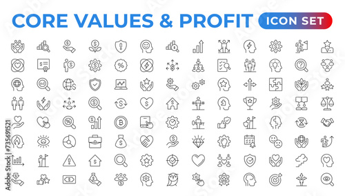 mission, vision & value icon set. Outline illustration of icons. Core values line icons. Integrity. Vision, Social Responsibility, Commitment, Personal Growth, Innovation, Family, and Problem-Solving. photo