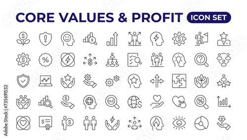mission, vision & value icon set. Outline illustration of icons. Core values line icons. Integrity. Vision, Social Responsibility, Commitment, Personal Growth, Innovation, Family, and Problem-Solving.
