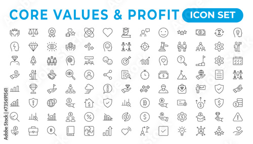 Value and Profit icons set. Outline illustration of icons. .Core values line icons. Integrity. Vision, Social Responsibility, .Commitment, Personal Growth, vector line iconset.