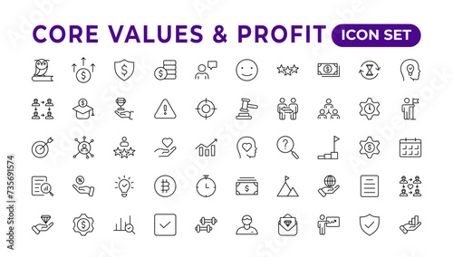 Value and Profit icons set. Outline illustration of icons. .Core values line icons. Integrity. Vision, Social Responsibility, .Commitment, Personal Growth, vector line iconset.