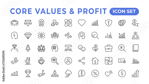 Value and Profit icons set. Outline illustration of icons. .Core values line icons. Integrity. Vision, Social Responsibility, .Commitment, Personal Growth, vector line iconset.