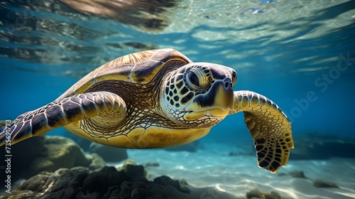 Endangered Hawaiian Green Sea Turtle Cruising in the warm waters of the Pacific Ocean in Hawaii © Tahir