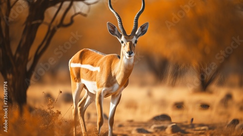 Endangered species Blackbuck in Bishnoi village forest reserve area. Beautiful male and female blackbuck captured with all movement in natural habitat. Rare animal portrait. Beautiful wall mounting photo