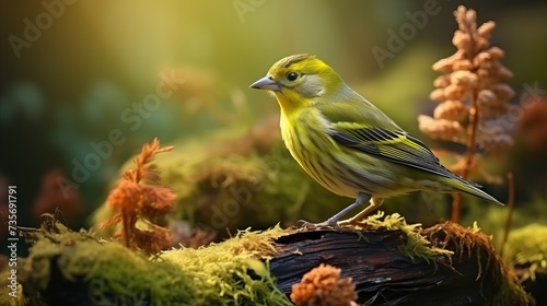 Eurasian siskin sits in the forest by the water and drinks. Carduelis spinus. song bird in the nature habitat. wildlife scene from nature. Winter scene with song bird photo