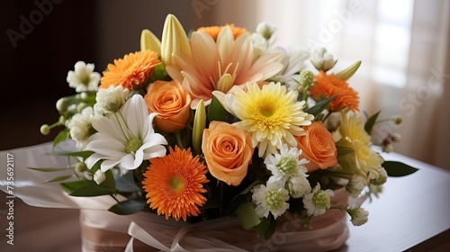 Gerbera, tulips and mix of summer flowers bouquet for the wedding in the Florida. Orange roses, lily and gerbera flowers bouquet in the brown box getting ready for delivery