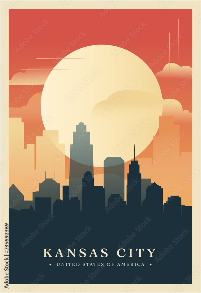 Kansas city brutalism poster with abstract skyline, cityscape. USA Missouri state retro vector illustration. US travel front cover, brochure, flyer, leaflet, presentation template, layout image