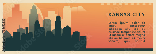 Kansas city brutalism vector banner with skyline, cityscape. USA Missouri state retro horizontal illustration. United States of America travel layout for web presentation, header, footer